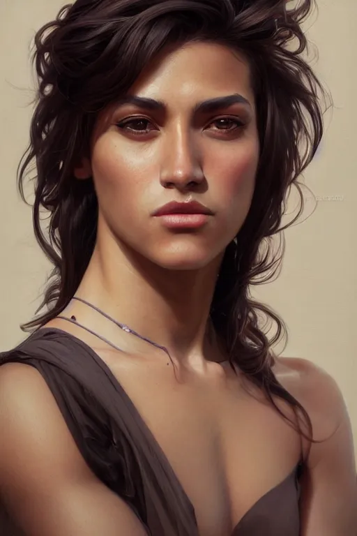 Image similar to photorealistic portrait of a young butch latina professional woman, handsome, female, masculine, upper body, fantasy, fierce, sharp features, intricate, elegant, highly detailed, digital painting, artstation, concept art, matte, sharp focus, illustration, art by artgerm and greg rutkowski and alphonse mucha