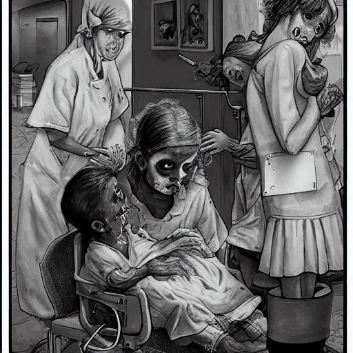 Image similar to “ sensual nurse vaccinating zombie childs in a hospital, fantasy, artwork ”