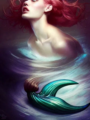 Image similar to mermaid by james jean, charlie bowater, tom bagshaw, nikolay makovsky, melanie delon : : enchanting, ethereal, magical, glowing, sparkle, prismatic, portrait, character design, illustration, hyperrealism, photorealism, digital art, concept art, dark fantasy, whimsy, weta, wlop, artstation