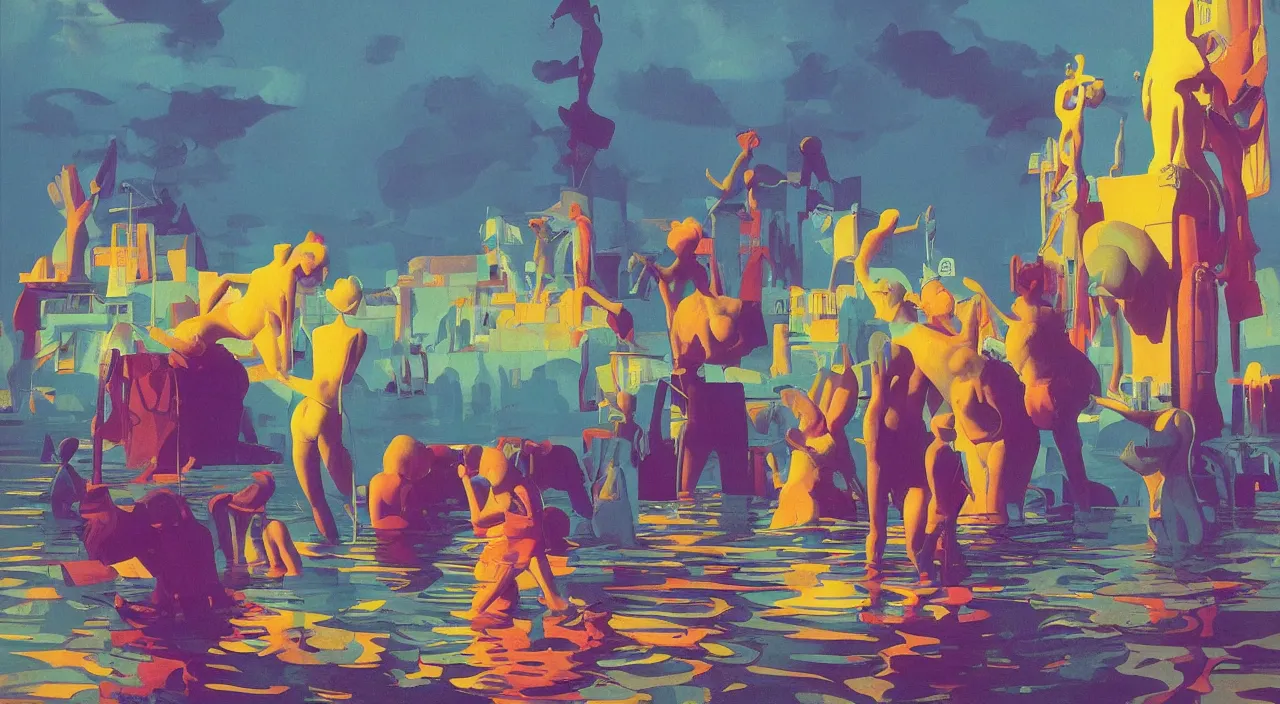 Prompt: flooded colorful surreal statue, very coherent high contrast!! painting by stalenhag spitzweg magritte syd mead norman rockwell edward hopper james gilleard, dark shadows, sunny day, triadic color scheme, hard lighting, masterpiece