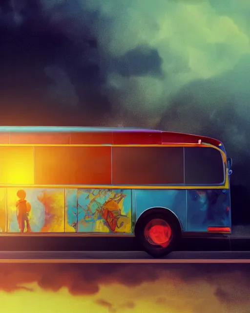 Image similar to boy in a bus looking into the sky, psychedelic trip, cinematic shot, epic composition, fine details, octane render, 8 k, depth of field, concept art, oil painting, digital art, deviantart artstation, extremely detailed, very sharp,