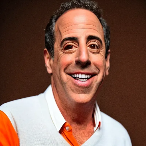 Image similar to UHD candid photo of Jerry Seinfeld with orange skin, accurate face, UHD, photorealistic, correct face, photo by Annie Leibowitz