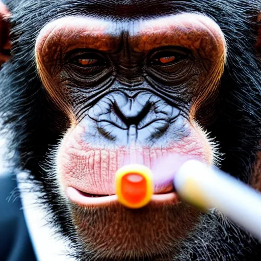 Image similar to a high detail shot of a chimp wearing a suit and smoking