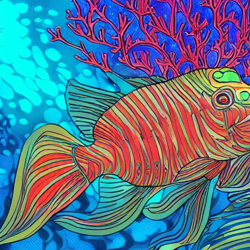 Image similar to coral underwater colorful, fantasy, intricate, highly detailed, little fish and sea life digital painting, hd, trending on artstation, illustration, fine lines, sharp edges, colourful,