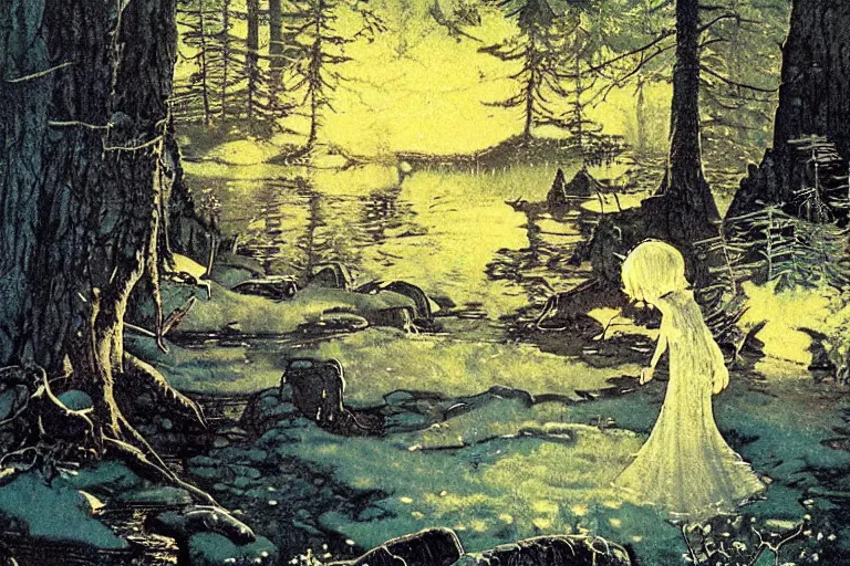 Prompt: a scenic view of a shining ghost flowing in the middle of a magical forest at night, detailed, cinematic, dramatic scene, retro illustration by Norman Rockwell.