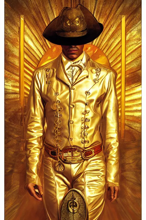 Prompt: a dramatic ethereal epic symmetrical painting of a handsome cowboy in a shimmering golden gold outfit | tarot card, art deco, art nouveau, (steampunk), homoerotic, realistic | by Dresden Codak, by Mark Maggiori and ((((Alphonse Mucha))) | trending on artstation