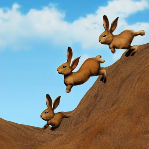 Prompt: bunnies jumping a cliff