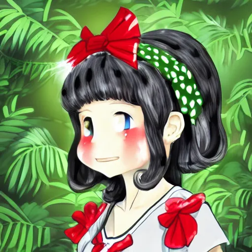 Prompt: a digital drawing of reimu in the jungle wearing bonnet