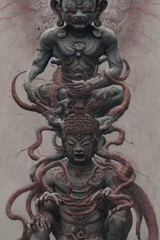 Image similar to Meditating Buddhist demon god, dark fantasy, intricate, highly detailed, smooth, artstation, painted by Wayne Barlowe, Greg Rutkowski, zdislav beksinski, Francis Bacon