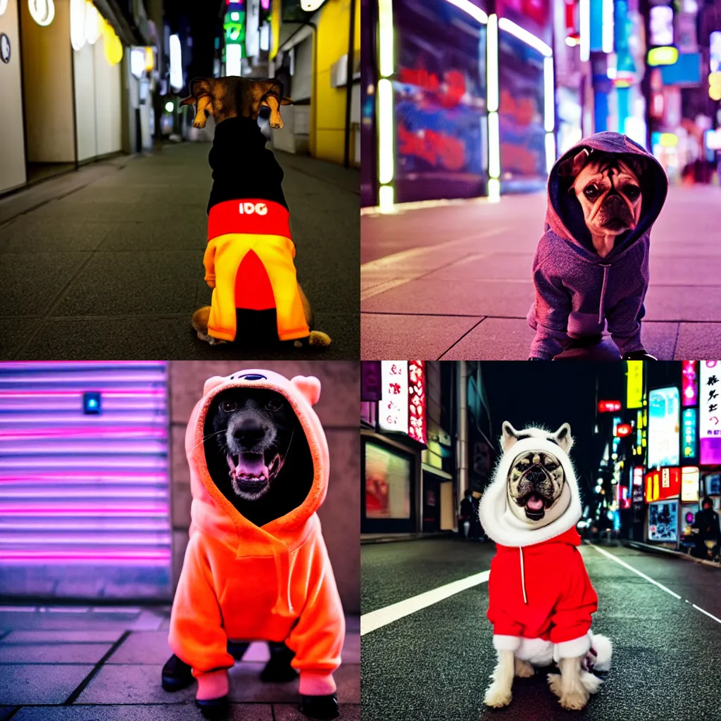 Prompt: dog wearing a hoodie ,standing in the streets of Tokyo at night, illuminated by neon lights, awardwinning photograph