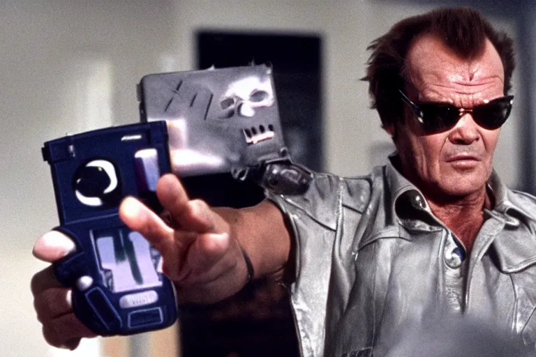 Image similar to Jack Nicholson as Terminator is playing with gameboy scene