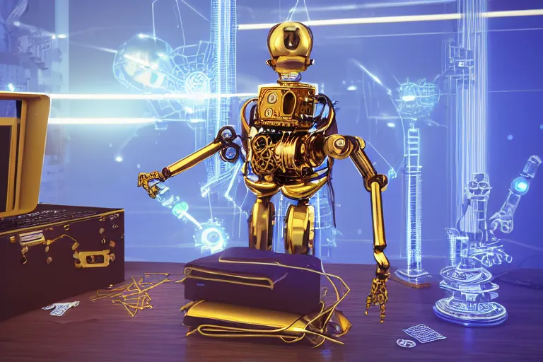 Image similar to photo of a golden and blue metal steampunk office robot with gears and tubes sitting in a modern office, on the table is a suitcase with money, eyes are glowing red lightbulbs, shiny crisp finish, 3 d render, 8 k, insaneley detailed, fluorescent colors, background is multicolored lasershow