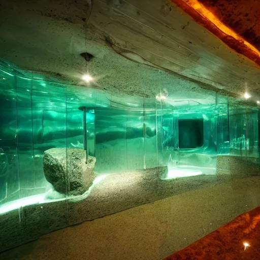 Prompt: photo of a bizarre oddly-shaped interior with clear water everywhere