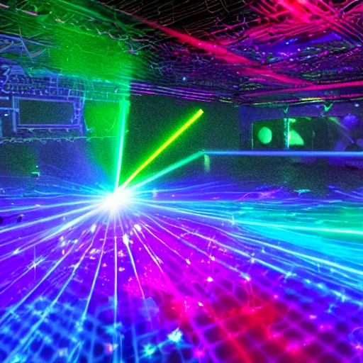 Image similar to rave party with colorful lasers and lighting, digital art