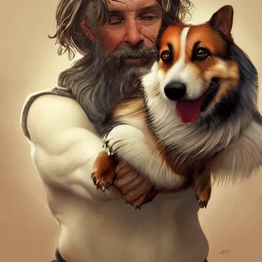 Image similar to portrait of a old, ruggedly handsome man holding a corgi dog, soft hair, muscular, half body, cloth, hairy, d & d, fantasy, intricate, elegant, highly detailed, digital painting, artstation, concept art, smooth, sharp focus, illustration, art by artgerm and greg rutkowski and alphonse mucha