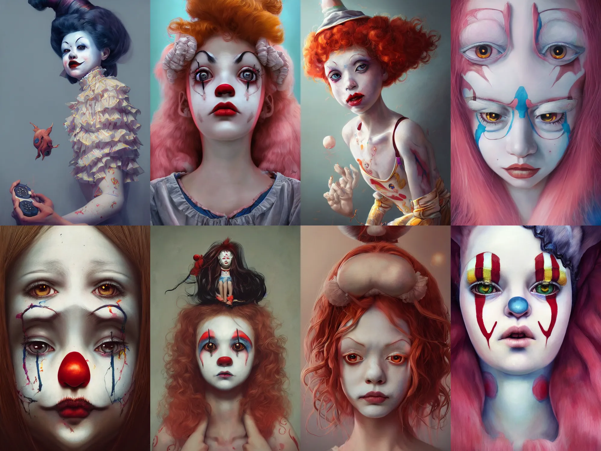 Image similar to breathtaking detailed painting of clown girl , with anxious, piercing eyes, Atari game cover art by Hsiao-Ron Cheng, James jean, Miho Hirano, Hayao Miyazaki, extremely moody lighting, hyperrealistic, octane render, RPG portrait, ambient light, dynamic lighting