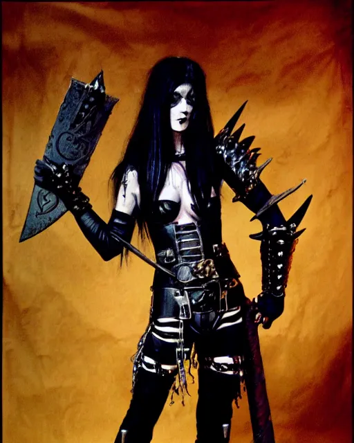 Image similar to portrait of a skinny punk goth sorceress wearing armor by simon bisley, john blance, frank frazetta, fantasy, barbarian