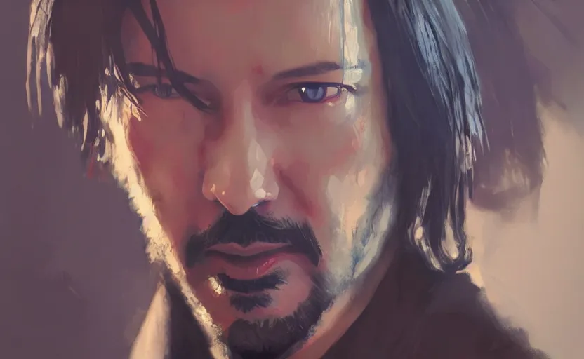 Image similar to a painting of keanu breathes trending on artstation in the style of greg rutkowski