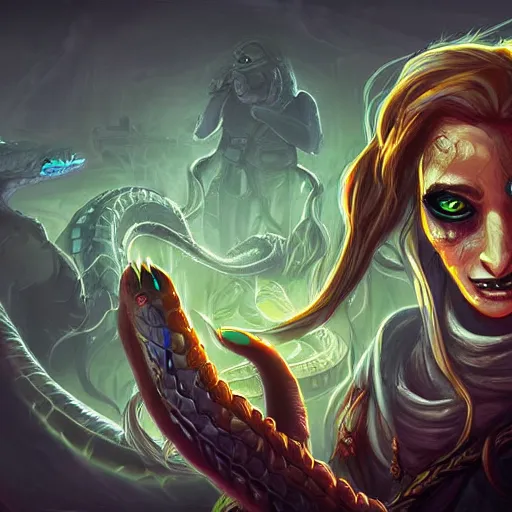 Image similar to snake-face lady, snake-face lady, snake-face lady, fangs, snake mouth, epic fantasy digital art, fantasy style art, fantasy hearthstone art style