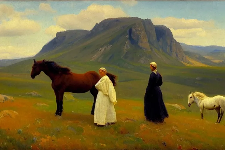 Prompt: scenic western mountain landscape with wild horses and a woman in a long white traditional dress, Anna Ancher & Peder Severin Krøyer, oil on canvas, beautifully daylight, artstation