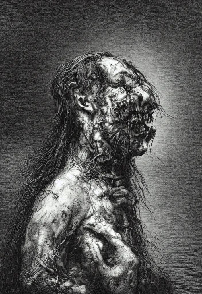 Image similar to profile portrait of a zombie, creepy atmosphere, dark, portrait, very realistic, illustration by gustave dore