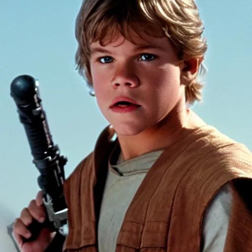 Image similar to young matt damon as luke skywalker in star wars episode 6, 8k resolution, full HD, cinematic lighting, award winning, anatomically correct