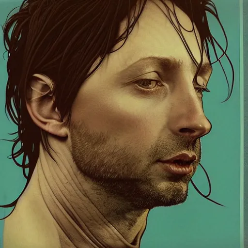 Image similar to hyper realistic portrait of cleanshaven thom yorke short haired variations singer songwriter ok computer, ( side ) profile, liminal space, by lee bermejo, alphonse mucha and greg rutkowski