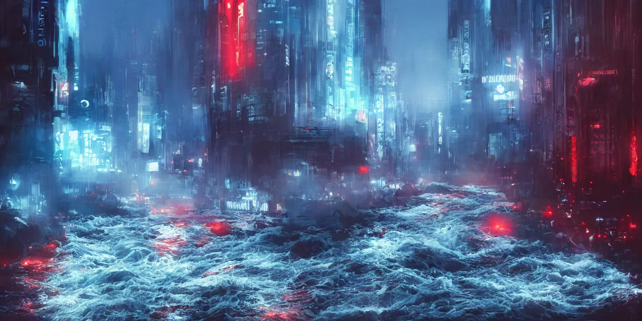 Image similar to street level view of turbulent river rapids rushing through a city at night , volumetric lighting, blue and red glowing lights, 4k, octane, digital painting, artstation, concept art, sharp focus, illustration, high contrast, high saturation , cinematic film still, by Jeremy Mann