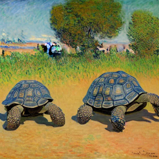 Prompt: tortoises next to artillery guns by claude monet