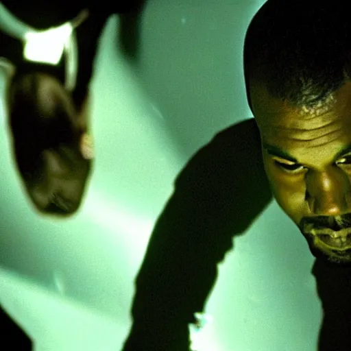 Prompt: Kanye West as Neo in 'The Matrix' , movie still frame