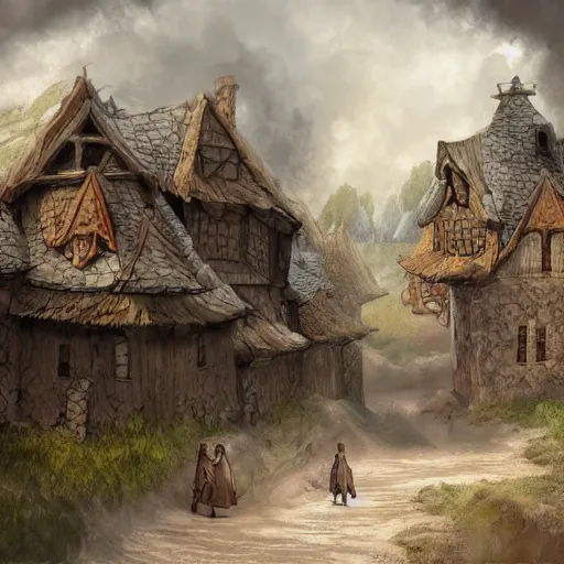 Prompt: villagers going about their day, medieval fantasy inspired, concept art, wide shot, cloudy, detailed, intricate, dynamic lighting, high resolution, village, shops, streets