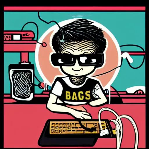 Image similar to illustration of a boy connected to his laptop with wires, highly detailed, by butcher billy, mcbess, rutkowski