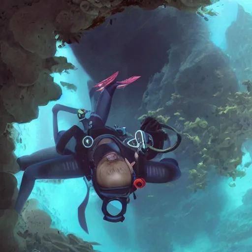 Prompt: a professional diver meets an unknown underwater species of goat, made by Stanley Artgerm Lau, WLOP, Rossdraws, ArtStation, CGSociety, concept art, cgsociety, octane render, trending on artstation, artstationHD, artstationHQ, unreal engine, 4k, 8k,