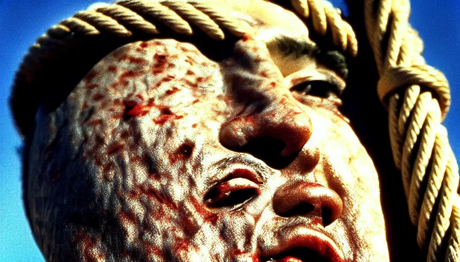 Image similar to 1 9 7 0 s movie still close - up of marcus atilius regulus'face tied with ropes at a pole with sewed eyes, forced - open eyes looking directly at the burning sun, his eyes are bleeding intense, cinestill 8 0 0 t 3 5 mm, high quality, heavy grain, high detail, texture, dramatic light