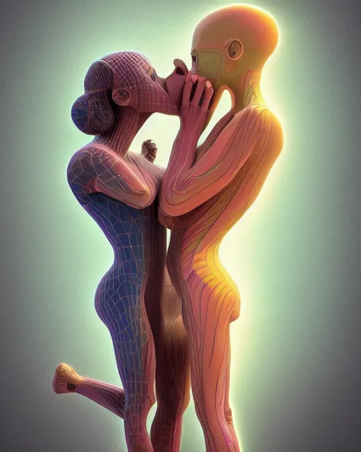 Prompt: 3 d render of kissing couple by luis toledo and alex grey and beeple, neosurrealism. digital art, pixel art, concept art, octane render, trending on cgsociety, trending on artstation