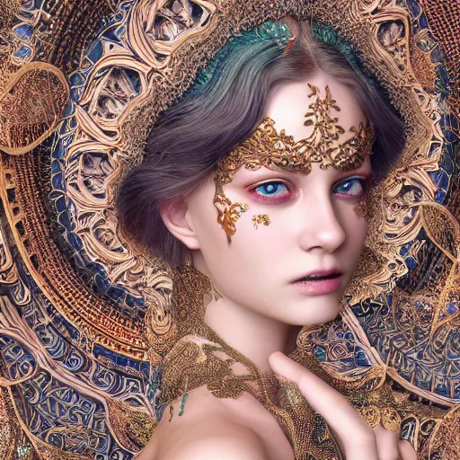 Image similar to wonderful princess of fractals and patterns, beautiful face, hyper detailed, background intricate and detailed, ornate 8 k gorgeous intricate detailed, octane render