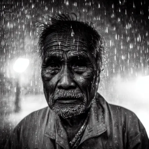 Image similar to Monochrome portrait of an intense old Nepali man on a rainy misty Kathmandu street at night, the only light source are bright overhead street lights, close-up, motion blur, grainy Tri-x pushed to 3200, 24mm tilt-shift, water drops on the lens, holga