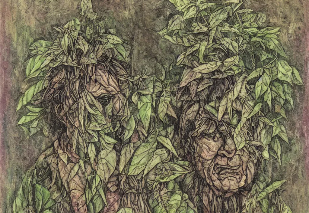 Prompt: an old man made of plants, near death, sad, muted colors, painting by teddy ruth, kimberly asstyn, and josh grover.