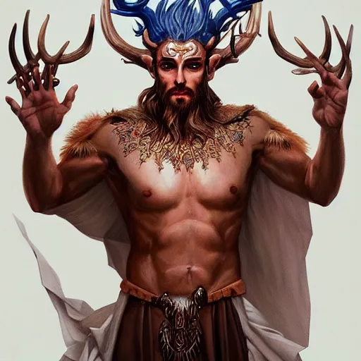 Prompt: Dramatic portraiture of Uuen, the Pictish god of stags, mixed media, trending on ArtStation, by Viktor Vasetnov and ArtGerm and Lucian Freud, luminism