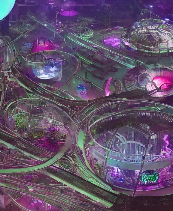 Image similar to a futuristic space colony with large round bubbled archaeologies, highly detailed, sci-fi, high-tech, neon lights