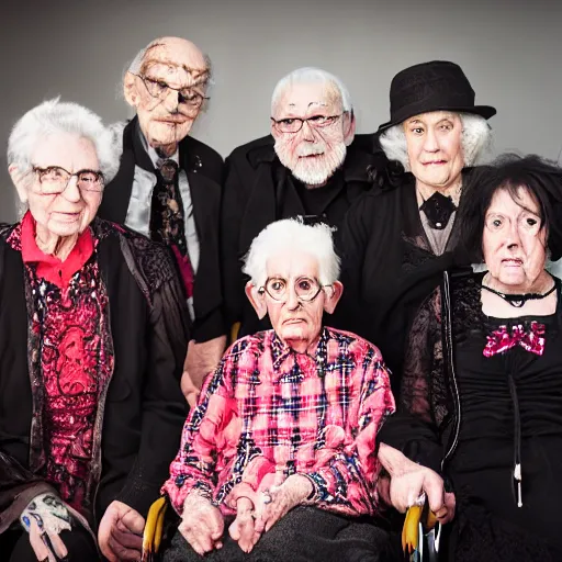 Image similar to an old age home for geriatric goths. photograph group portrait.