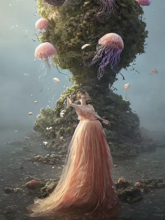 Image similar to a fancy portrait of a giant floating flower and jellyfish by Greg Rutkowski, Sung Choi, Mitchell Mohrhauser, Maciej Kuciara, Johnson Ting, Maxim Verehin, Peter Konig, Bloodborne, beeple, 8k photorealistic, cinematic lighting, HD, high details, atmospheric , trending on artstation. made in Maya, Blender and Photoshop, octane render, excellent composition, cinematic dystopian brutalist atmosphere, dynamic dramatic cinematic lighting, aesthetic, very inspirational, arthouse. y Greg Rutkowski, Ilya Kuvshinov, WLOP, Stanley Artgerm Lau, Ruan Jia and Fenghua Zhong