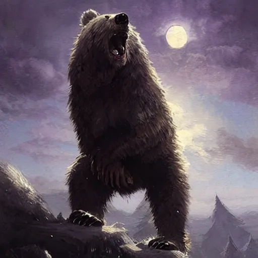 Prompt: A were-bear, roaring at the Moon, fantasy art by Greg Rutkowski