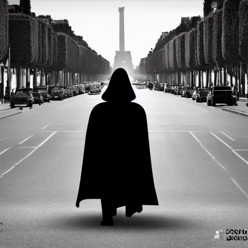 Image similar to Sith lord walking down the avenue des champs elysée, hyper-realistic, 8K HDR.