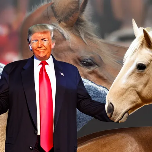 Image similar to Donald Trump dressed as a cowboy next to a horse, very detailed, sharp, 2d, 4k