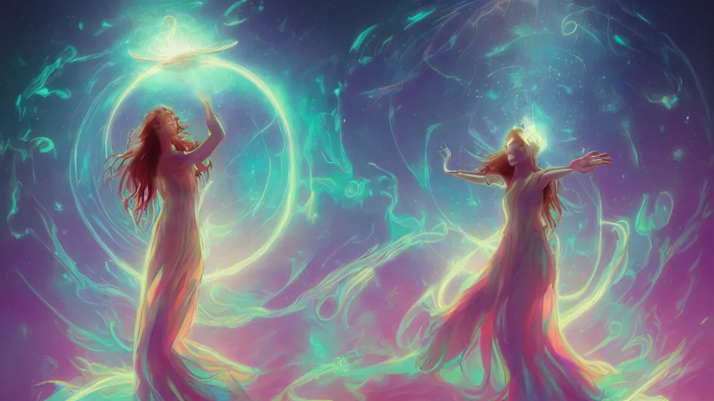 Prompt: a beautiful whimsical goddess floating above a lake basking in the moonlight, casting an epic ritual, underneath a multi-colored binary blackhole with an accretion disc, glowing trails following her arms, synthwave, by Lois van Baarle, by Greg Rutkowski, by artgerm, by beeple, by studio ghibli, cinematic angle, volumetric lighting, 4k resolution, octane render, trending on artstation, masterpiece