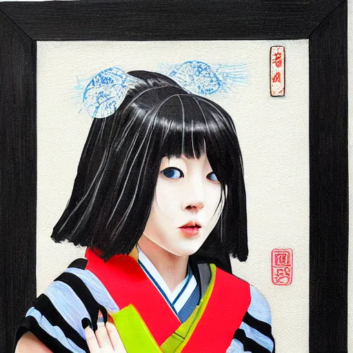 Image similar to an epic painting of Japanese schoolgirl, clothed, mixed media