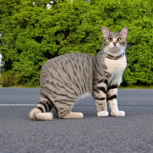 Prompt: symmetrical photo of cat standing on asphalte