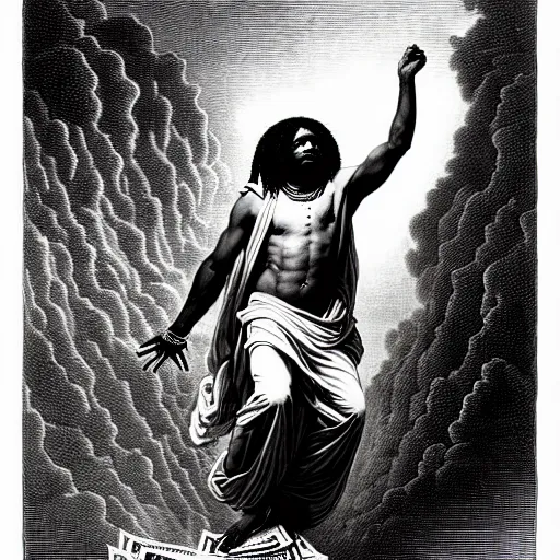 Image similar to cheef keef ascending into heaven holding stacks of cash, biblical image, style of gustave dore, highly detailed, beautiful, high contrast, black and white