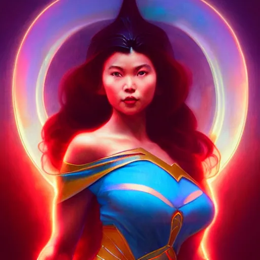 Prompt: jane de leon as darna, volumetric lights, red and cyan theme, art nouveau botanicals, intricate, highly detailed, digital painting, artstation, concept art, smooth, sharp focus, cinematic, illustration, beautiful face, art by artgerm and greg rutkowski and alphonse mucha